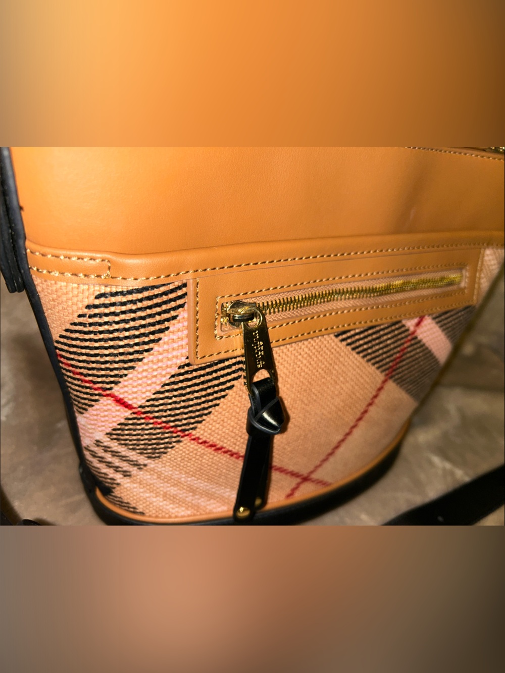 Spartina 449 Tan Nova Plaid Linen Leather Preppy Crossbody Bucket Tote Bag - Picture 14 of 16